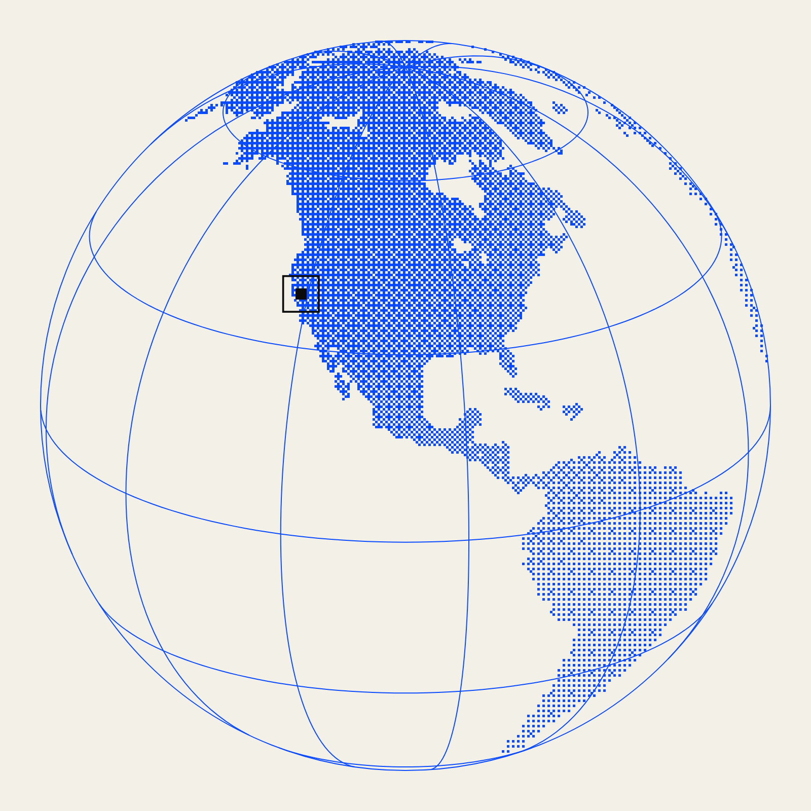 Globe centered on North America, with Sacramento marked by a black square.