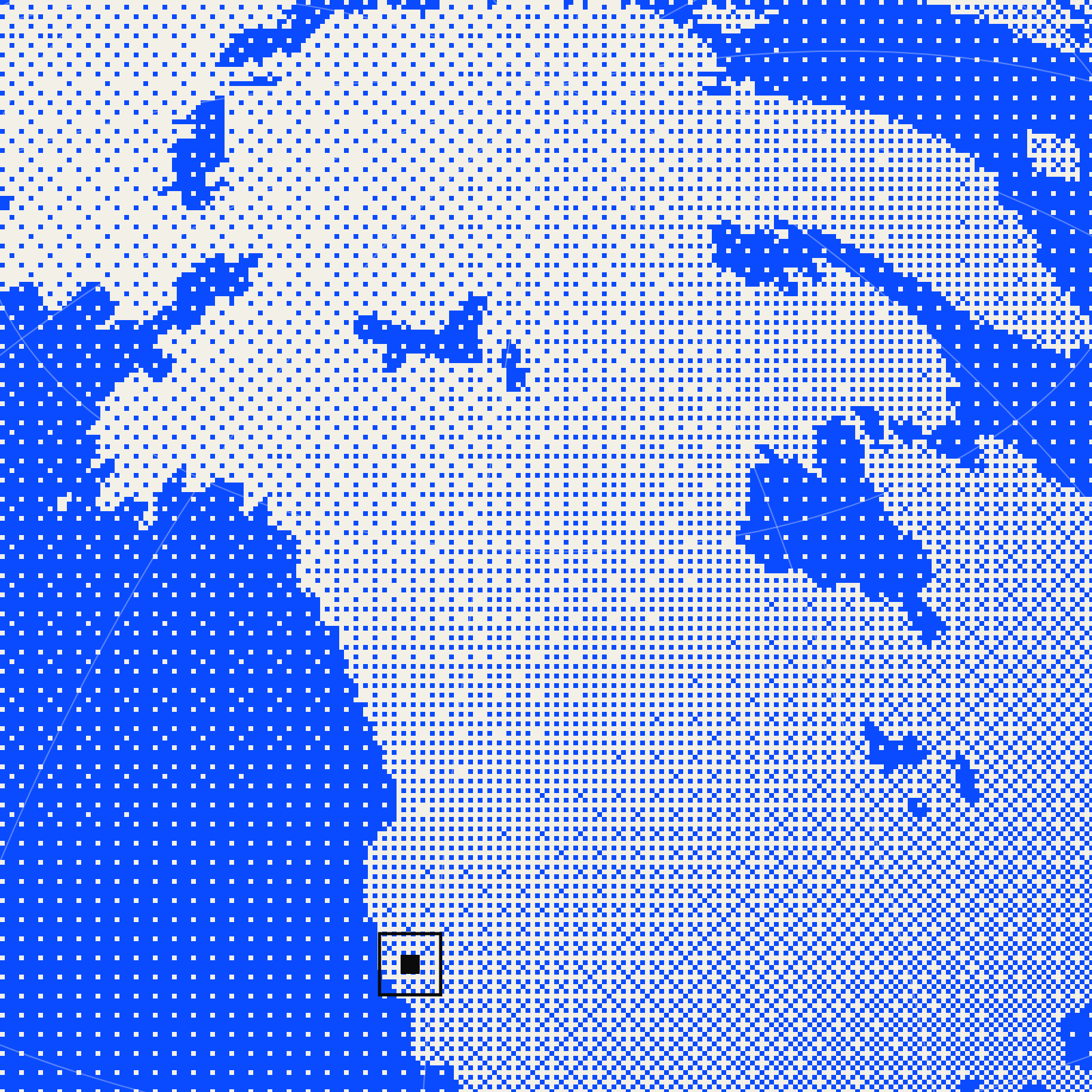 Dithered map of the west coast of North America with Sacramento marked.
